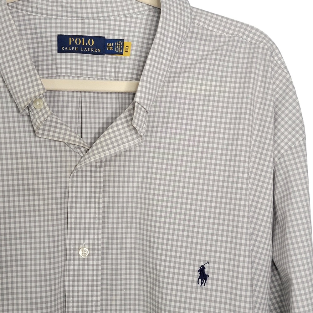 Polo Ralph Lauren Button Down Mens 3XLT Gray Gingham Check Stretch Long Sleeve